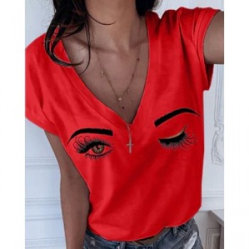 2020 Summer S-5XL Plus Size Eyebrows Eyes Deep V-neck Women's T-shirt New Solid Casual Women's Tops Short Sleeve Tshirts funny